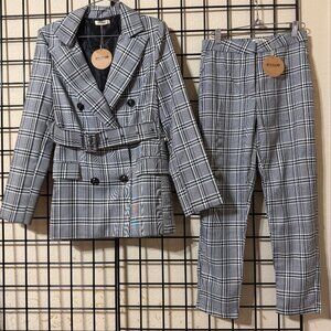 NWT NEW Fashion Nova Black/White Plaid Pant/Jacket Suit notched/pockets Sz Small